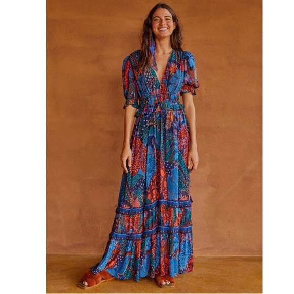 FARM RIO Tripical Cool Crepe Multicolor Leopard Ruffled V-Neck Maxi Dress EUC M - Picture 1 of 12